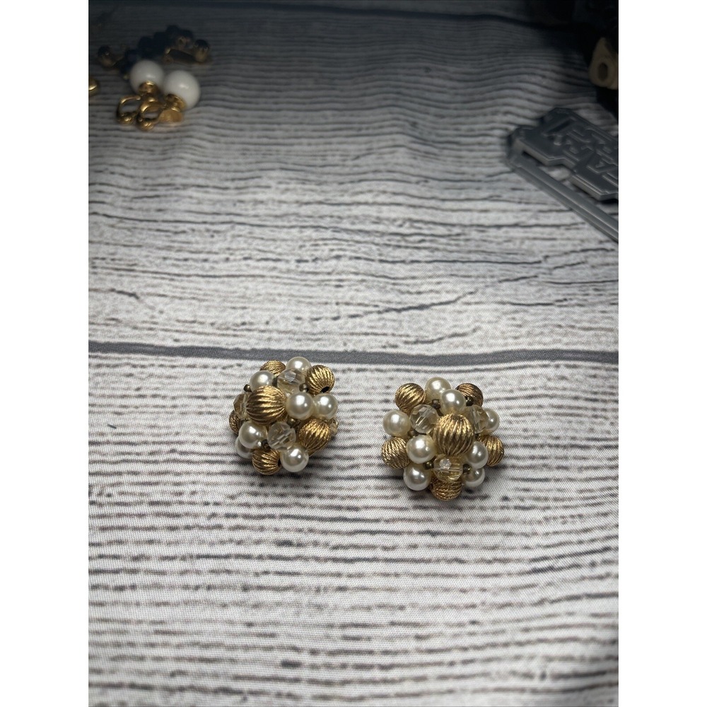 Lisner Vintage Clip On earrings, gold Tone Balls, Crystals And Faux Pearls,